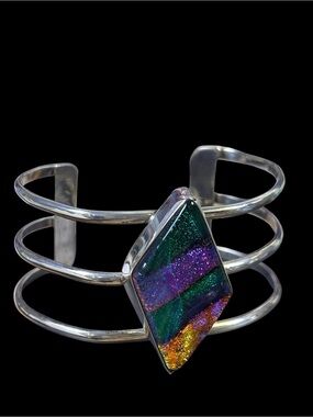 Sterling Silver Cuff Bracelet with Multicolor Dichroic Glass Accent
